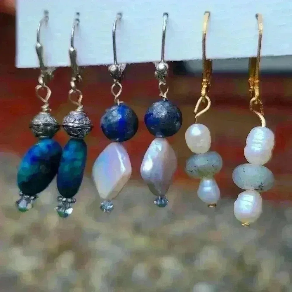 Vintage artisan handcrafted Dangl stones mothers of pearl turquoise earrings lot - Picture 2 of 12